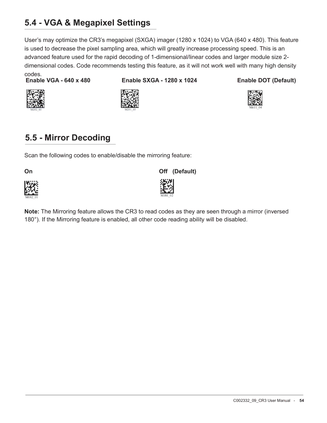 Code Alarm CR3 manual VGA & Megapixel Settings, Mirror Decoding, Codes Enable Sxga 1280 x, Enable VGA 640 x 