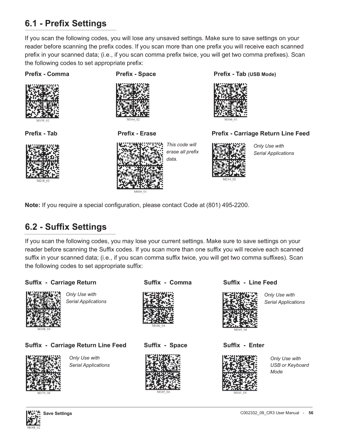 Code Alarm CR3 manual Preﬁx Settings, Sufﬁx Settings, Preﬁx Comma Preﬁx Space 