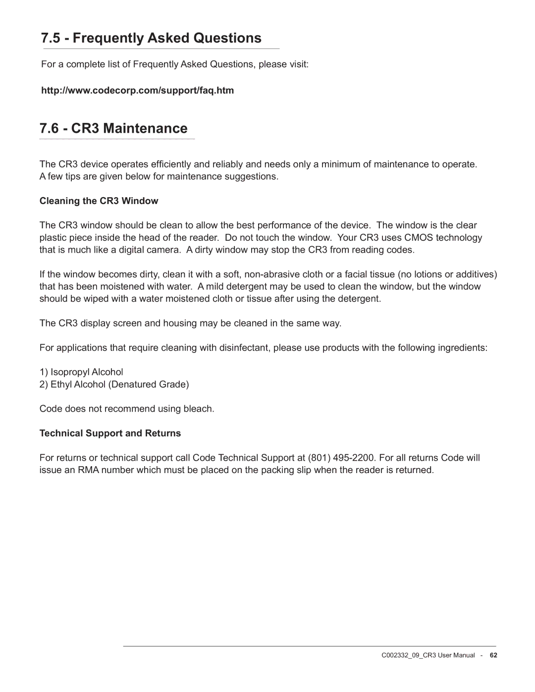 Code Alarm manual Frequently Asked Questions, CR3 Maintenance, Cleaning the CR3 Window, Technical Support and Returns 