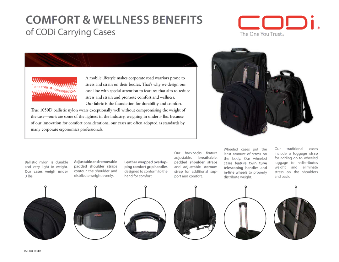 CODi manual Comfort & wellness benefits, CODi Carrying Cases, Our cases weigh under 3 lbs 