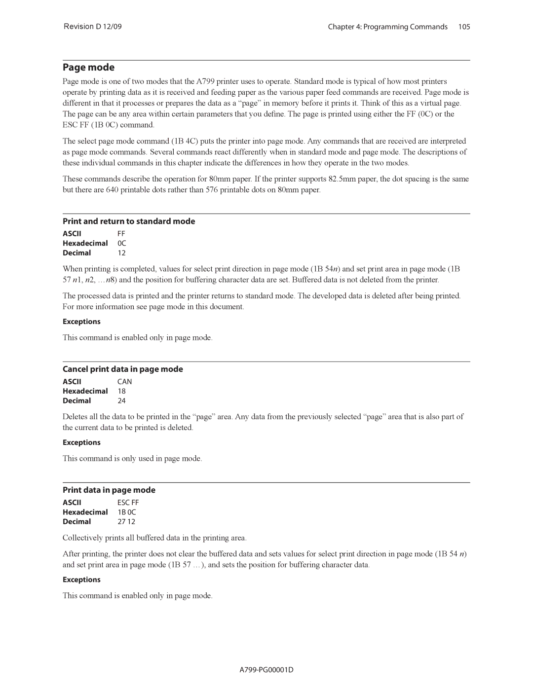 Cognitive Solutions A799 manual Print and return to standard mode, Cancel print data in page mode, Print data in page mode 