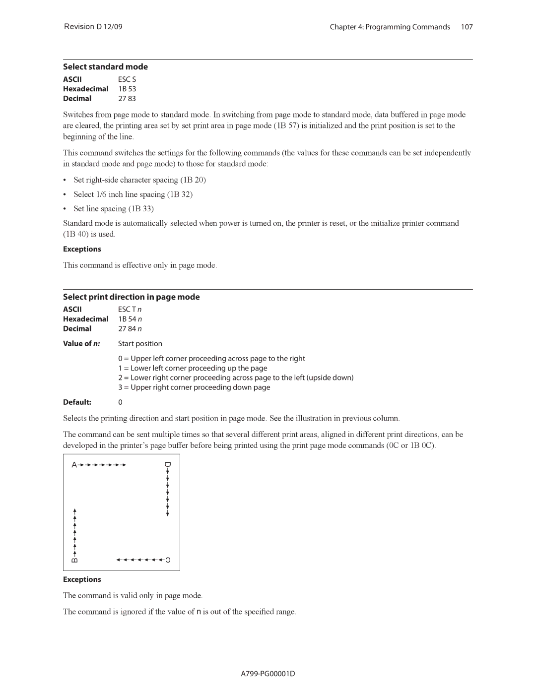 Cognitive Solutions A799 manual Select standard mode, Select print direction in page mode 