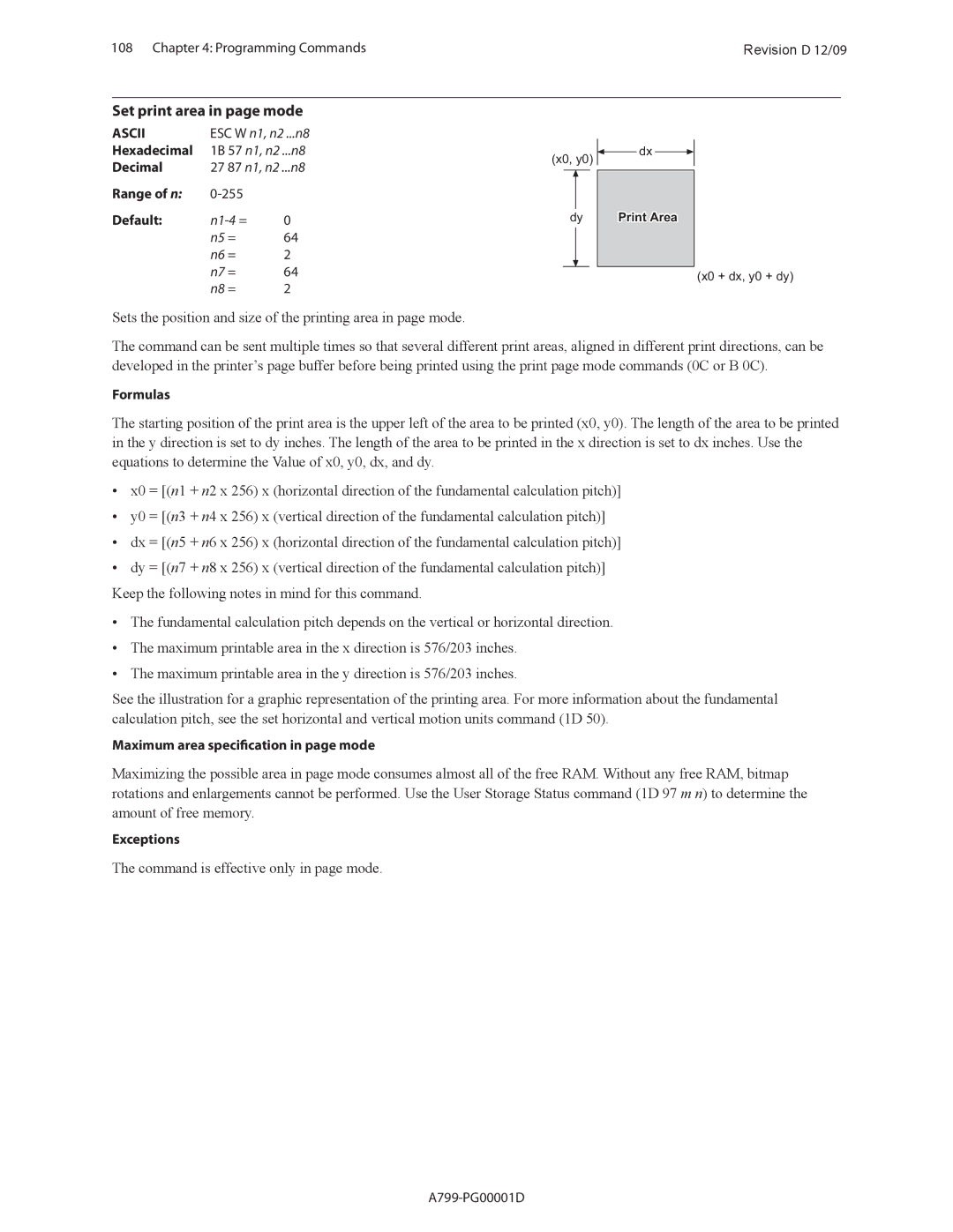 Cognitive Solutions A799 manual Set print area in page mode, Maximum area specification in page mode 