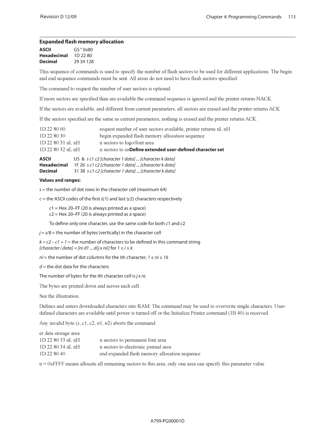 Cognitive Solutions A799 manual Expanded flash memory allocation, US & s c1 c2 character 1 data ... character k data 