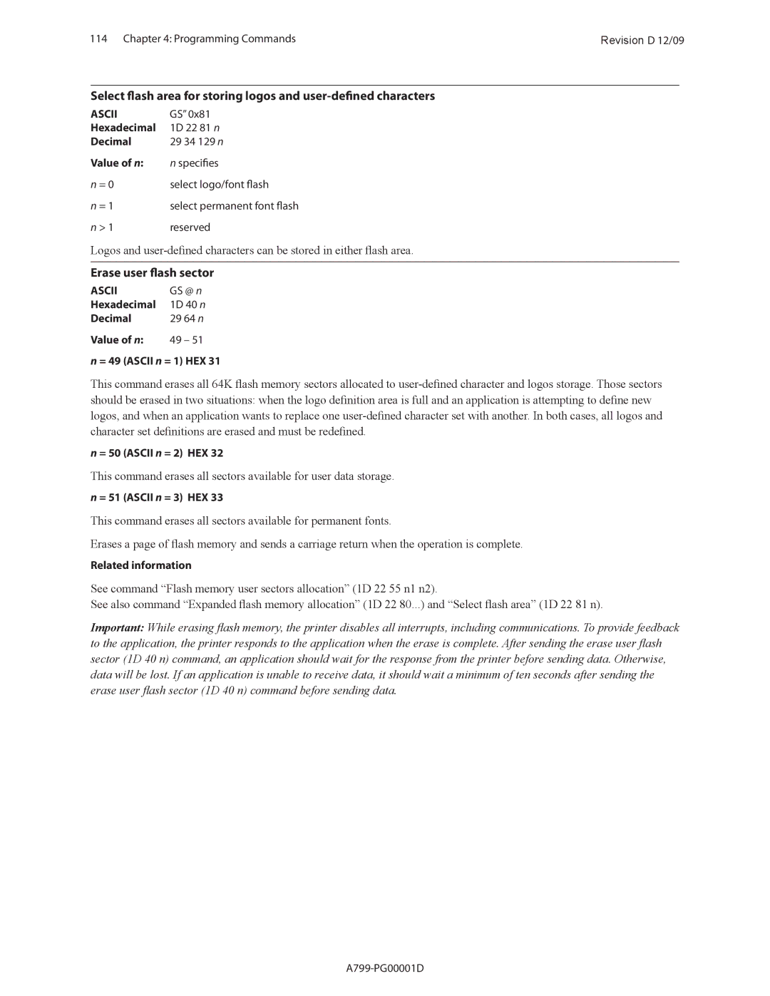 Cognitive Solutions A799 manual Erase user flash sector, Value of n = 49 Ascii n = 1 HEX 