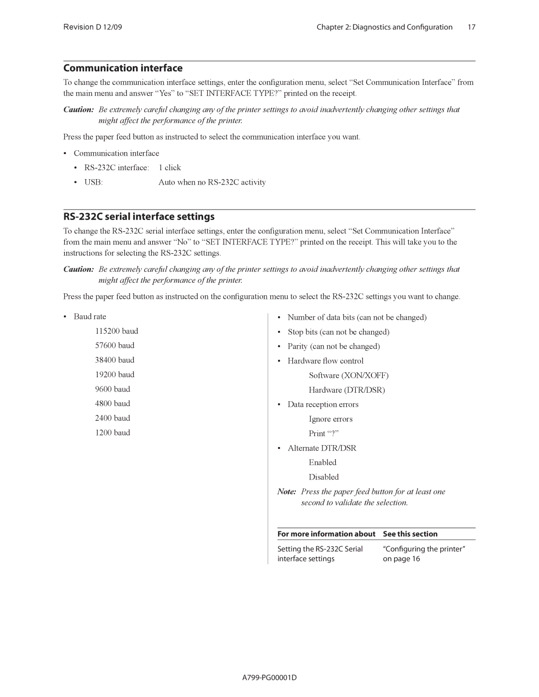 Cognitive Solutions A799 manual Communication interface, RS-232C serial interface settings 