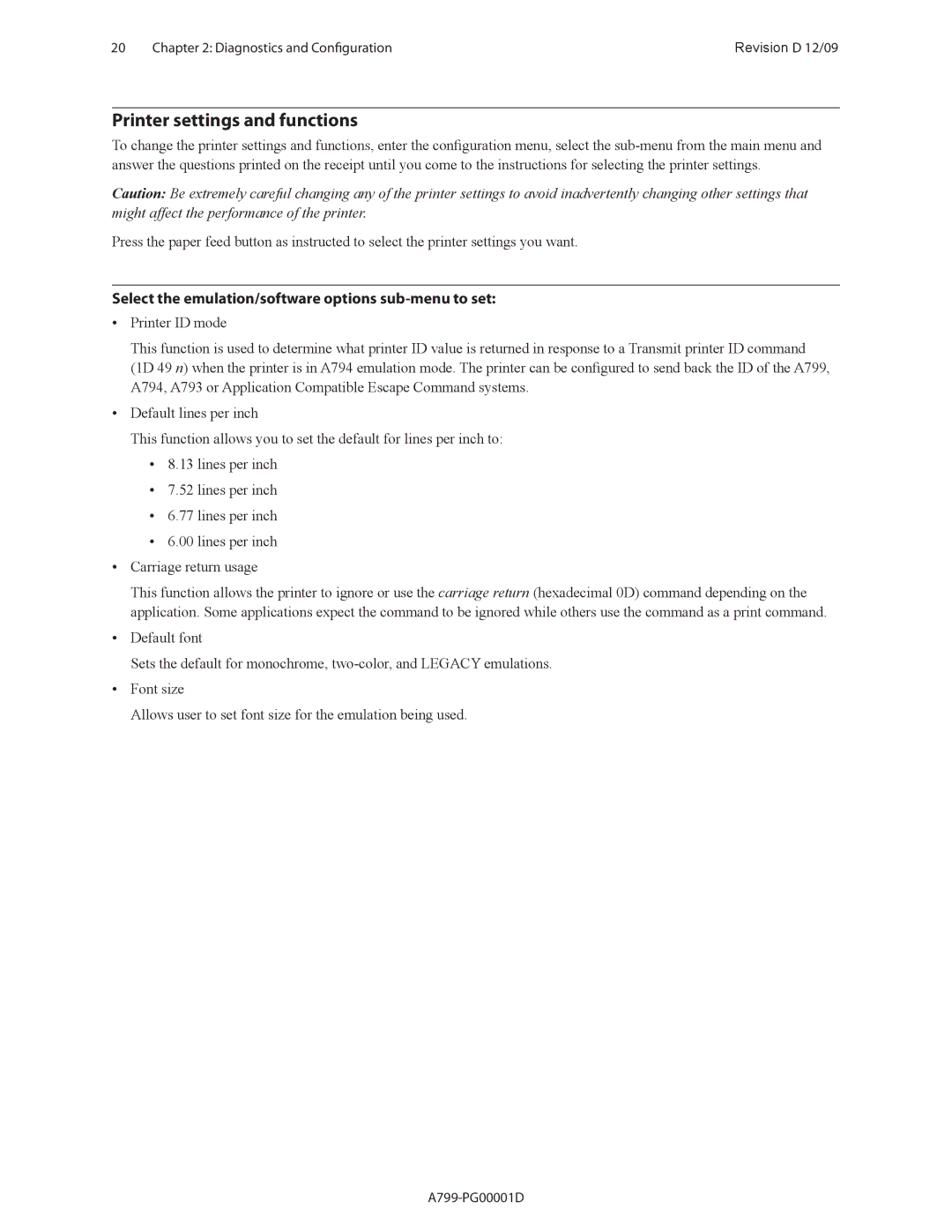 Cognitive Solutions A799 manual Printer settings and functions, Select the emulation/software options sub-menu to set 