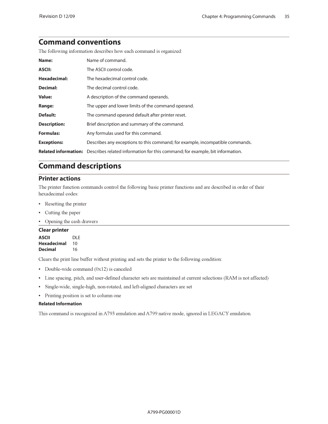 Cognitive Solutions A799 manual Command conventions, Command descriptions, Clear printer 