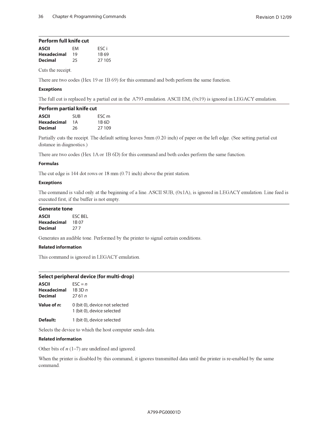 Cognitive Solutions A799 manual Perform full knife cut, Perform partial knife cut, Generate tone, Value of n 