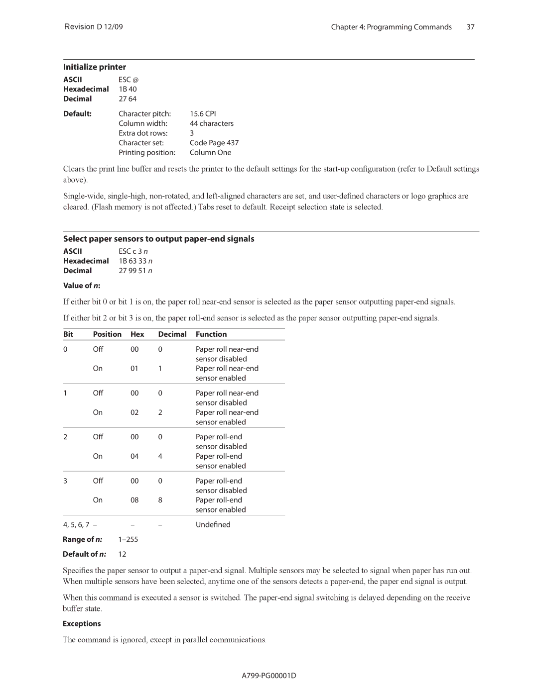 Cognitive Solutions A799 manual Initialize printer, Select paper sensors to output paper-end signals 