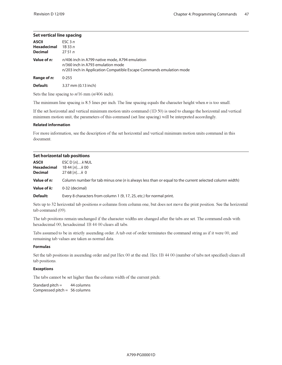 Cognitive Solutions A799 manual Set vertical line spacing, Set horizontal tab positions, Value of k 