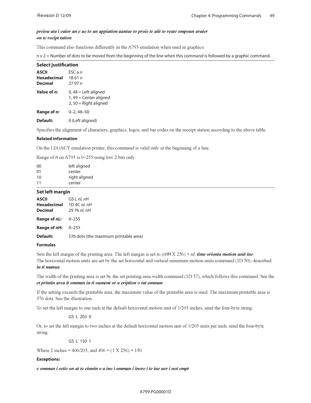 Cognitive Solutions A799 manual Select justification, Set left margin, Range of n Default, GS L nL nH 