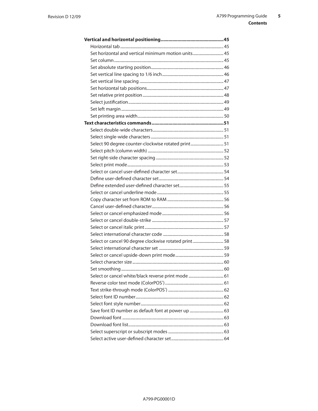 Cognitive Solutions A799 manual Contents Vertical and horizontal positioning, Text characteristics commands 