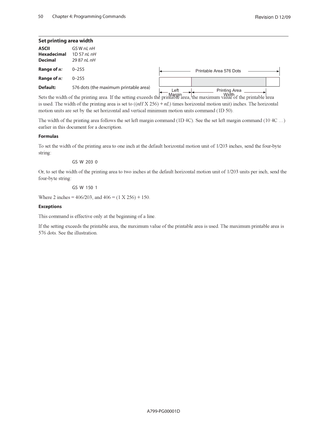 Cognitive Solutions A799 manual Set printing area width, Maximum value of the printable Area 