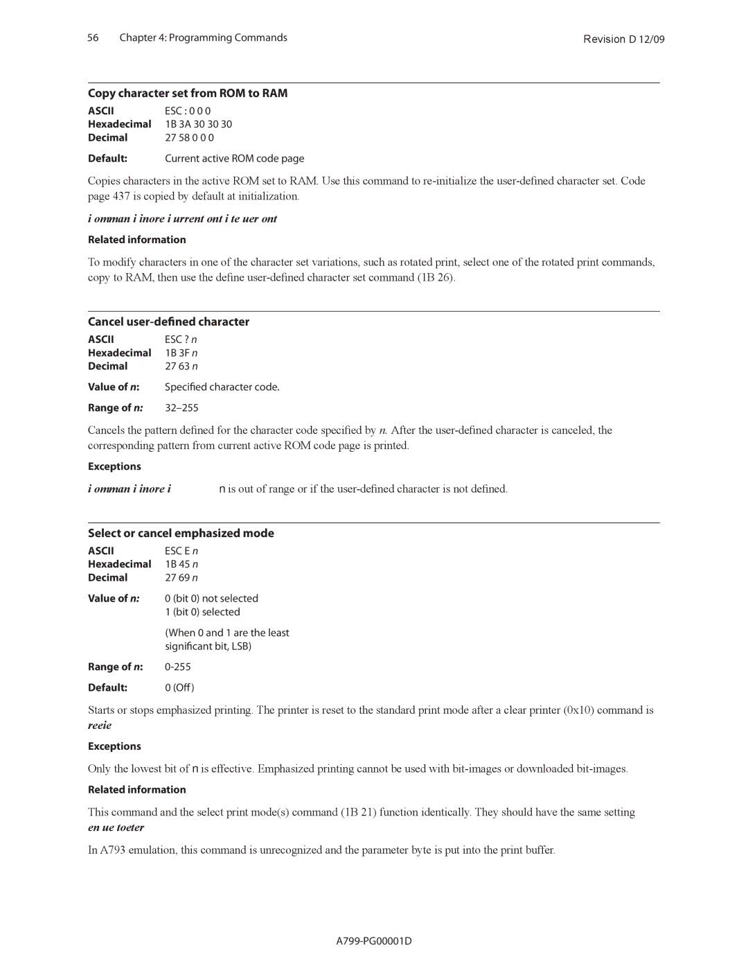 Cognitive Solutions A799 manual Copy character set from ROM to RAM, Cancel user-defined character 