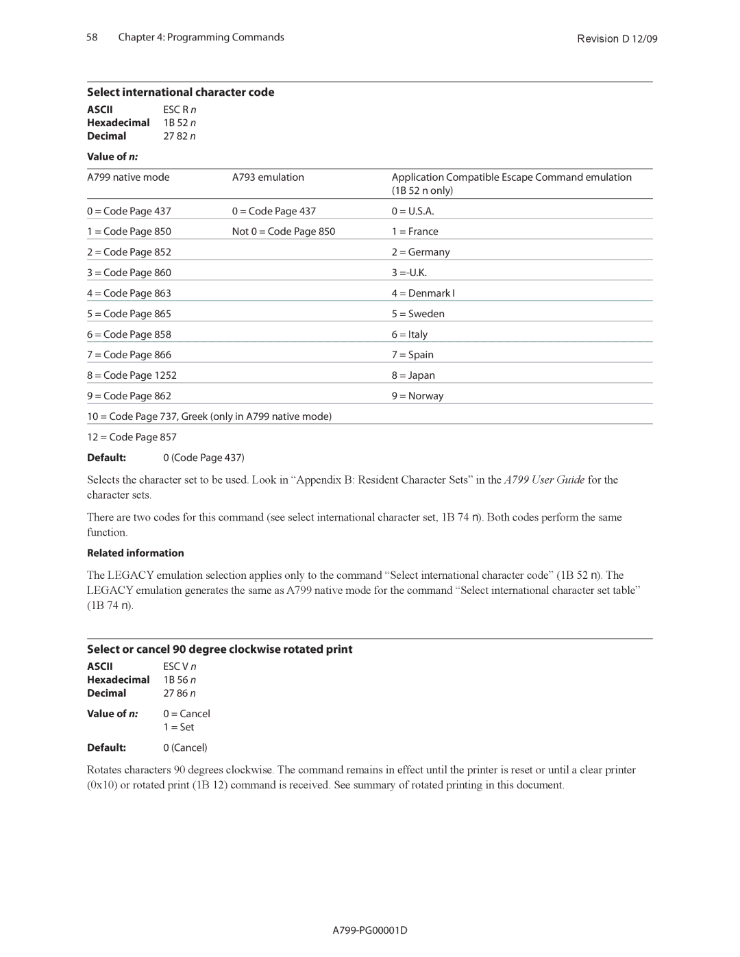 Cognitive Solutions A799 manual Select international character code, Select or cancel 90 degree clockwise rotated print 