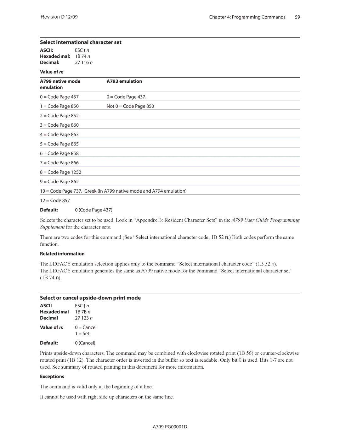 Cognitive Solutions A799 manual Select international character set, Select or cancel upside-down print mode 