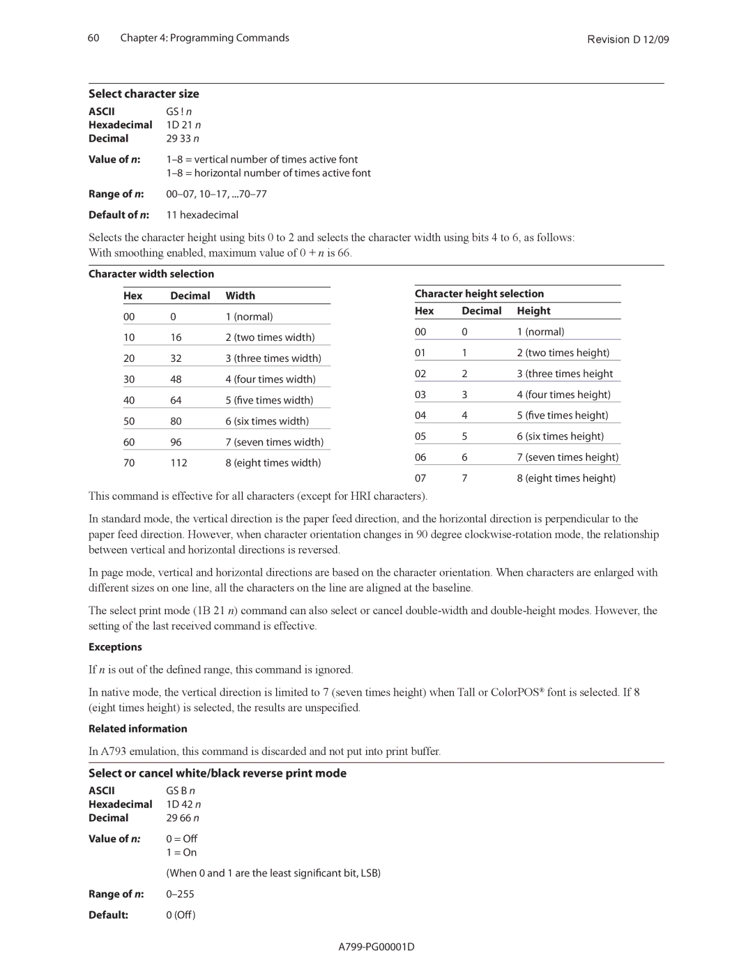 Cognitive Solutions A799 Select character size, Select or cancel white/black reverse print mode, Hex Decimal Width Height 