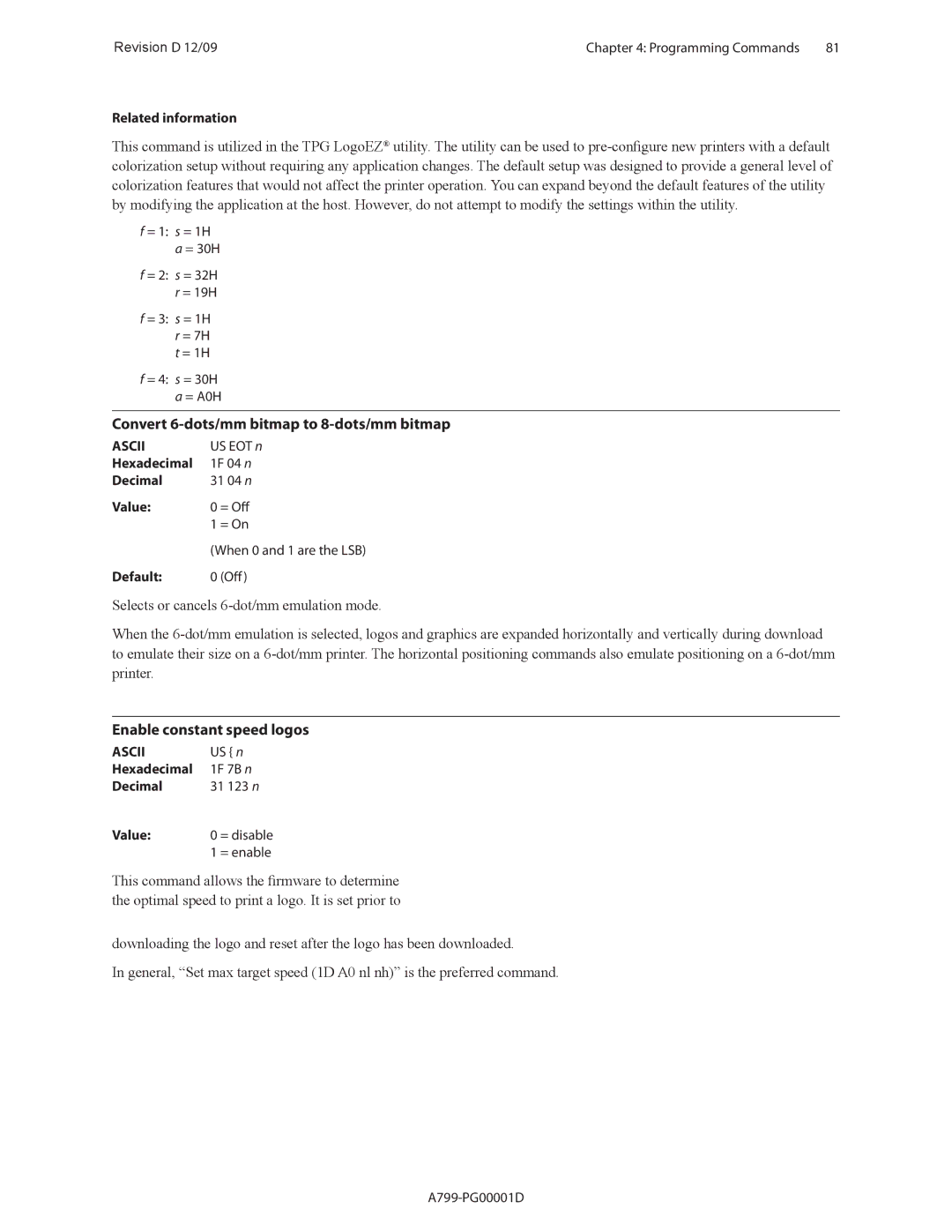 Cognitive Solutions A799 manual Convert 6-dots/mm bitmap to 8-dots/mm bitmap, Enable constant speed logos 