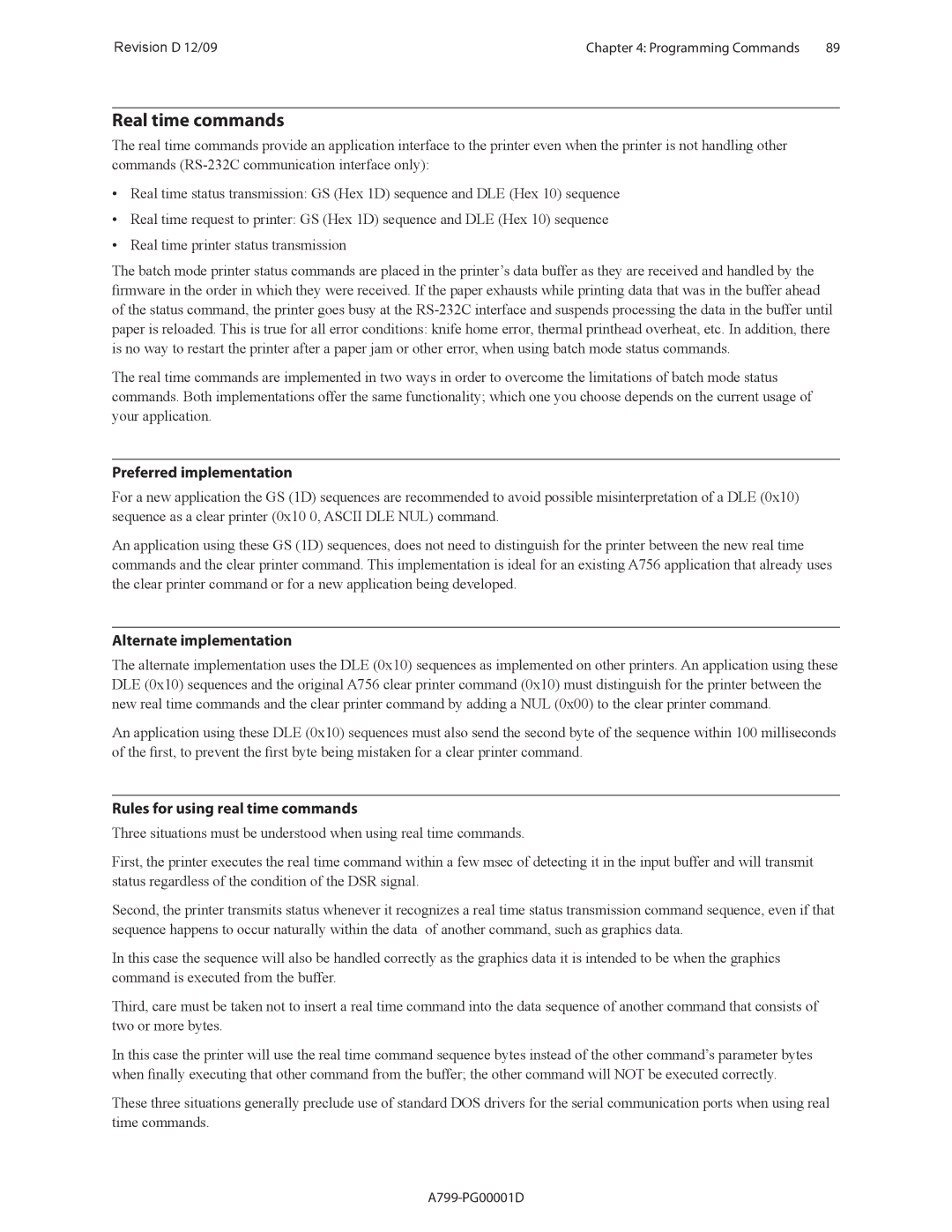 Cognitive Solutions A799 manual Real time commands, Preferred implementation, Alternate implementation 