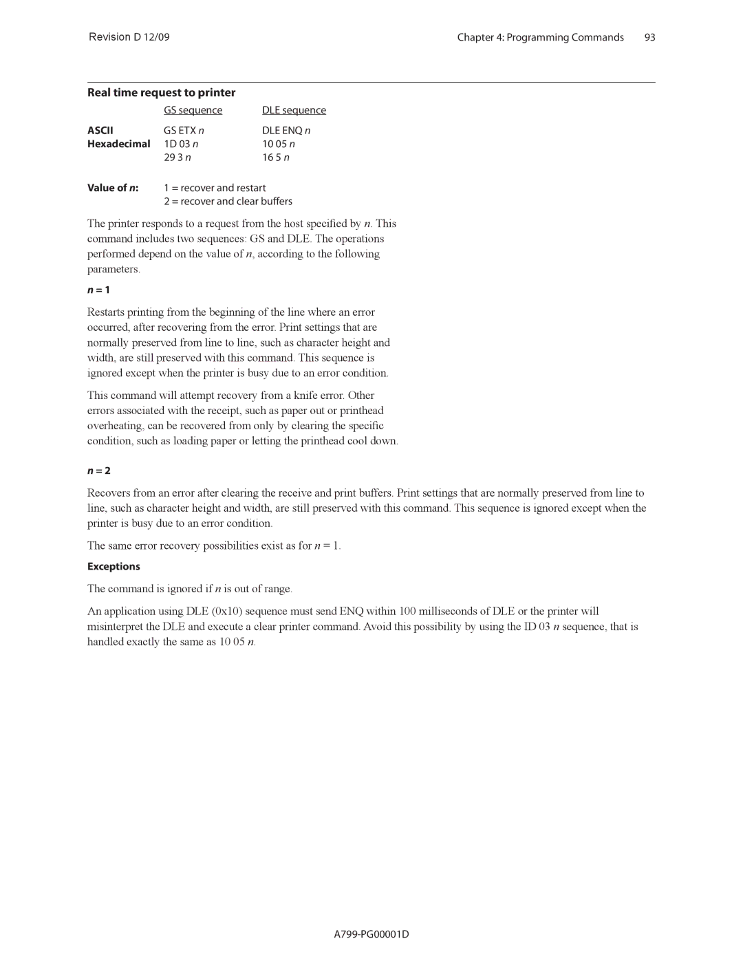 Cognitive Solutions A799 manual Real time request to printer, Hexadecimal 