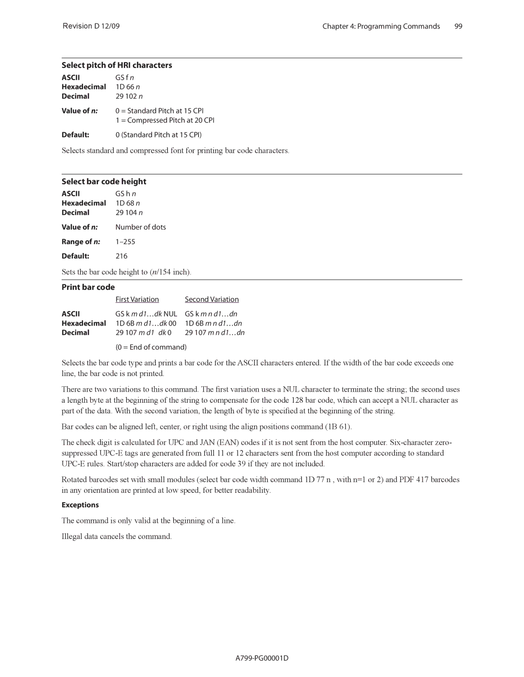 Cognitive Solutions A799 manual Select pitch of HRI characters, Select bar code height, Print bar code 