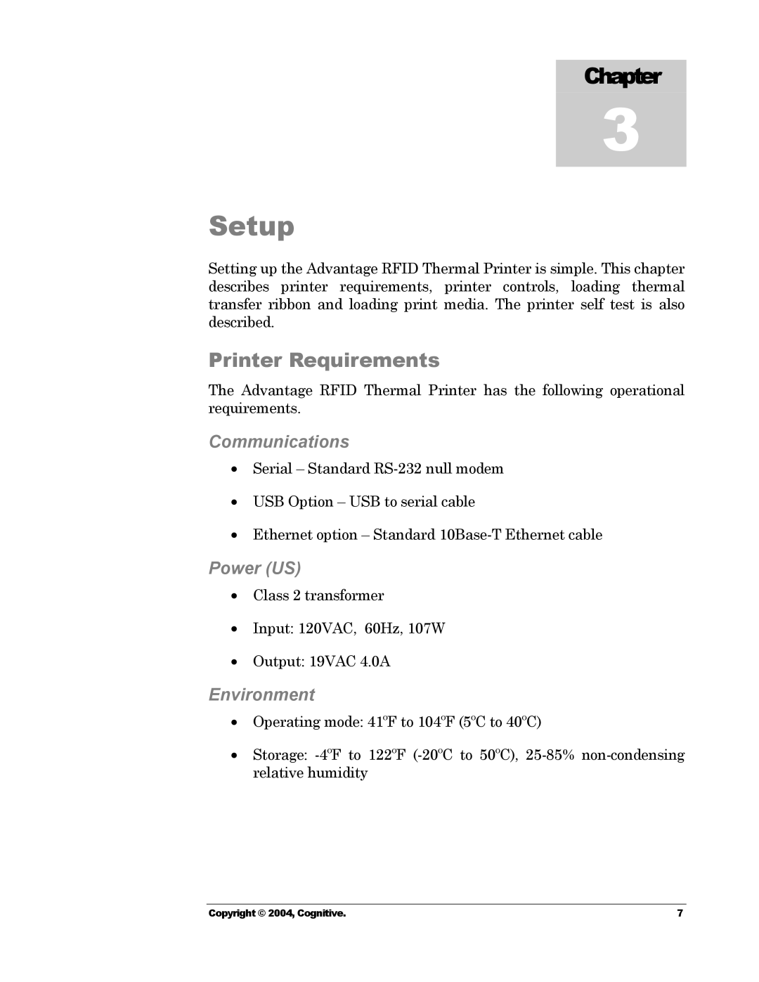 Cognitive Solutions Advantage RFID Thermal Printer Setup, Printer Requirements, Communications, Power US, Environment 