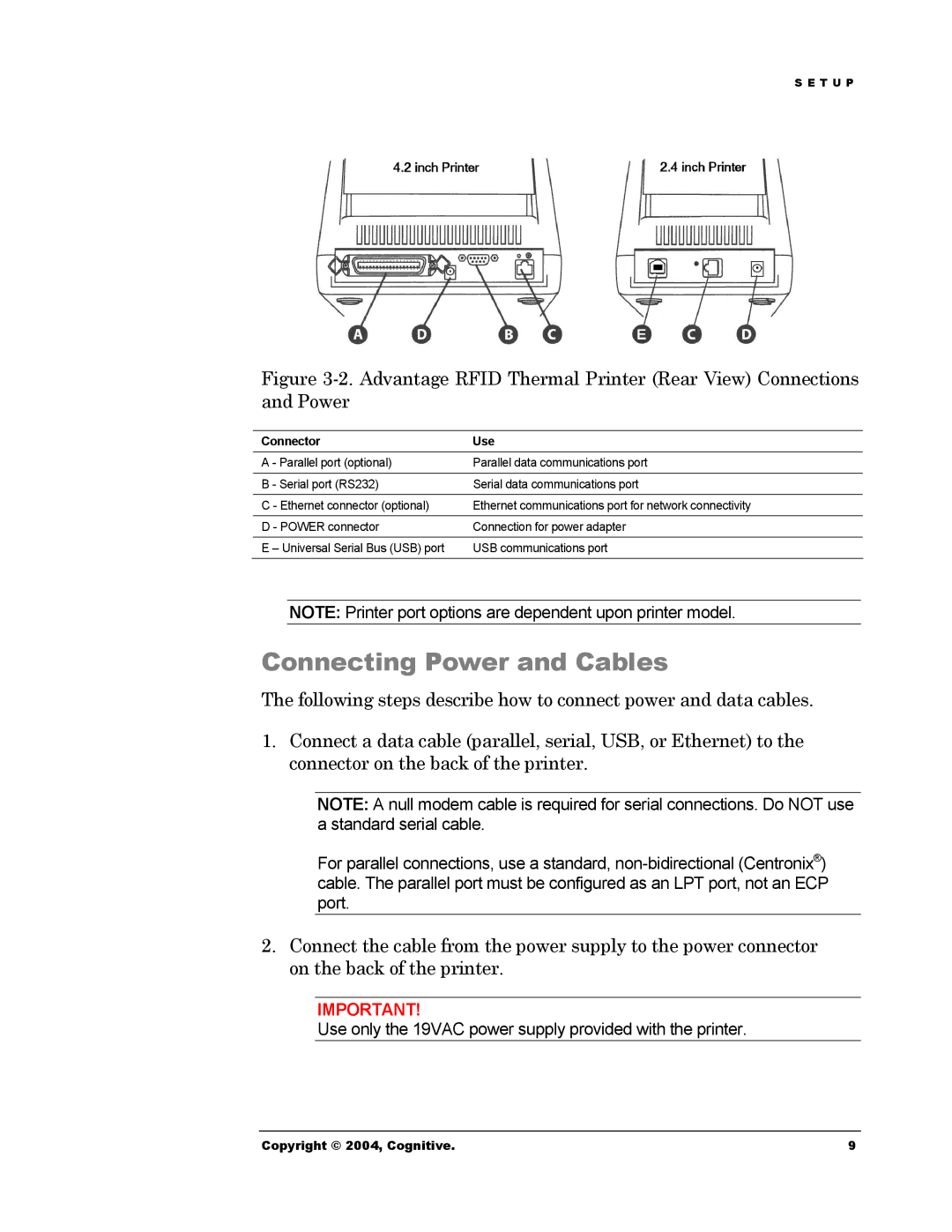 Cognitive Solutions Advantage RFID Thermal Printer manual Connecting Power and Cables, Connector Use 