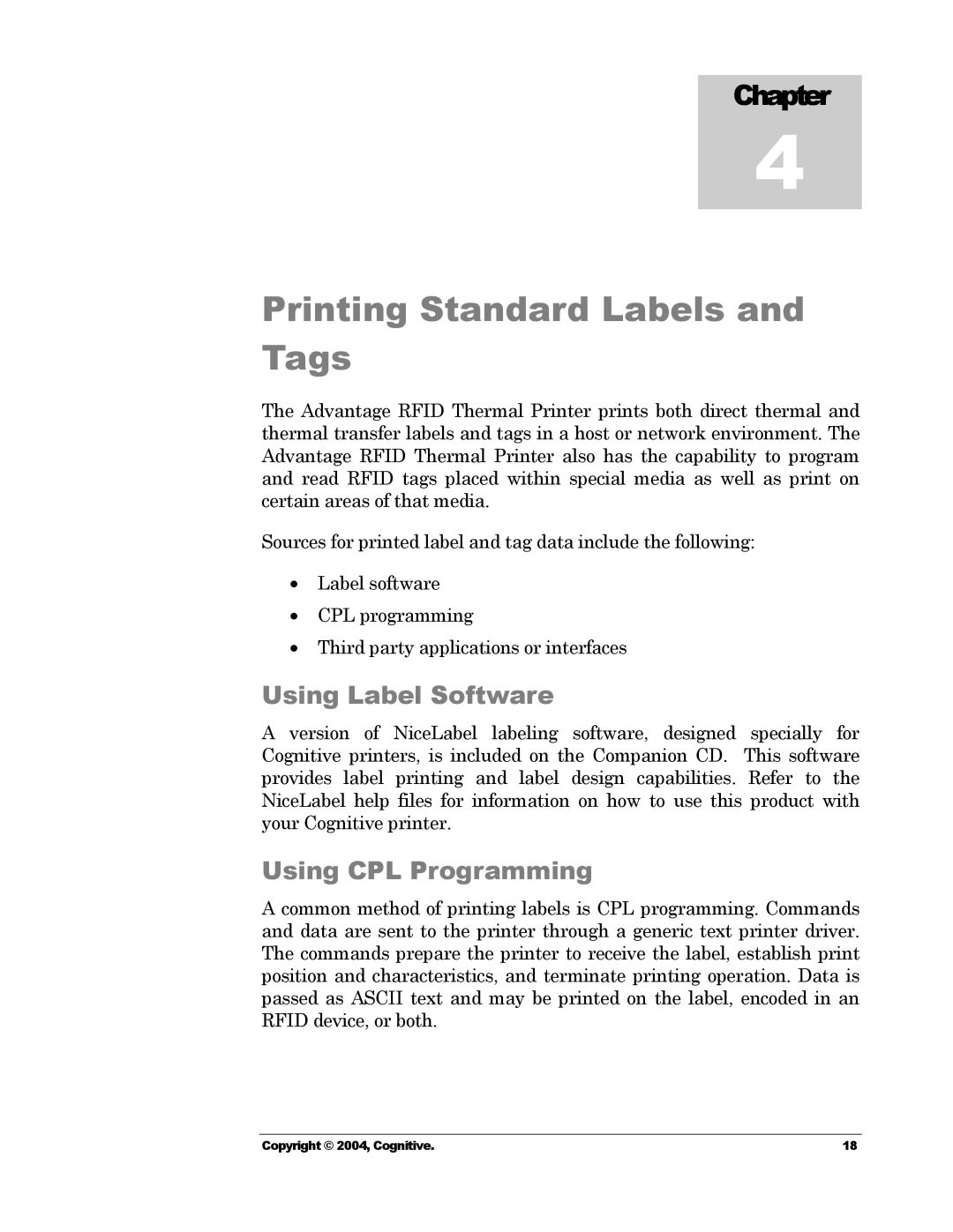 Cognitive Solutions Advantage RFID Thermal Printer manual Printing Standard Labels and Tags, Using Label Software 