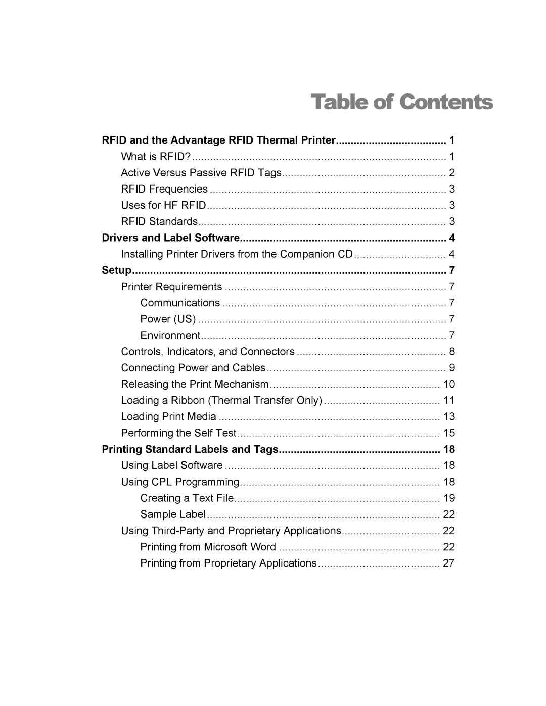 Cognitive Solutions Advantage RFID Thermal Printer manual Table of Contents 