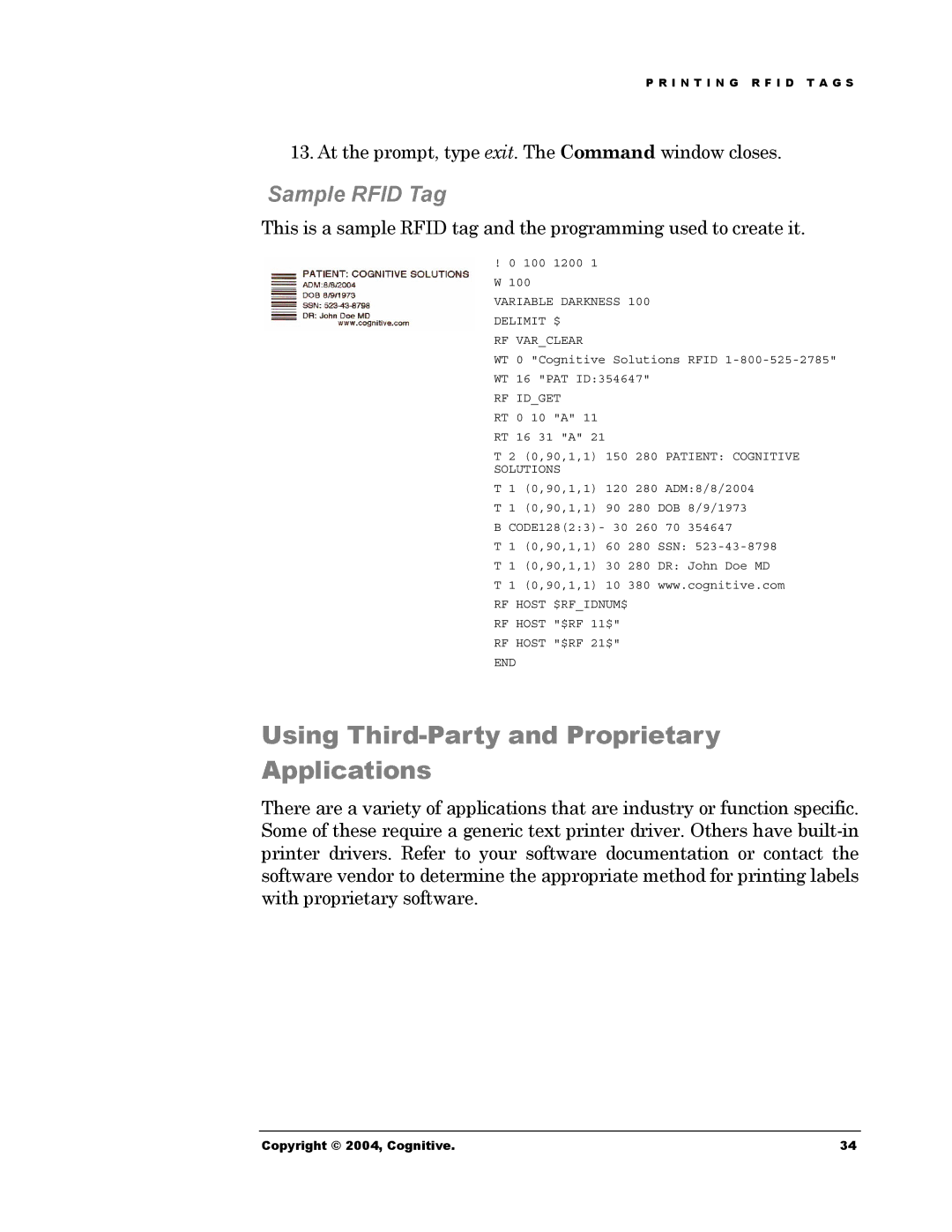 Cognitive Solutions Advantage RFID Thermal Printer manual Sample Rfid Tag, Solutions 