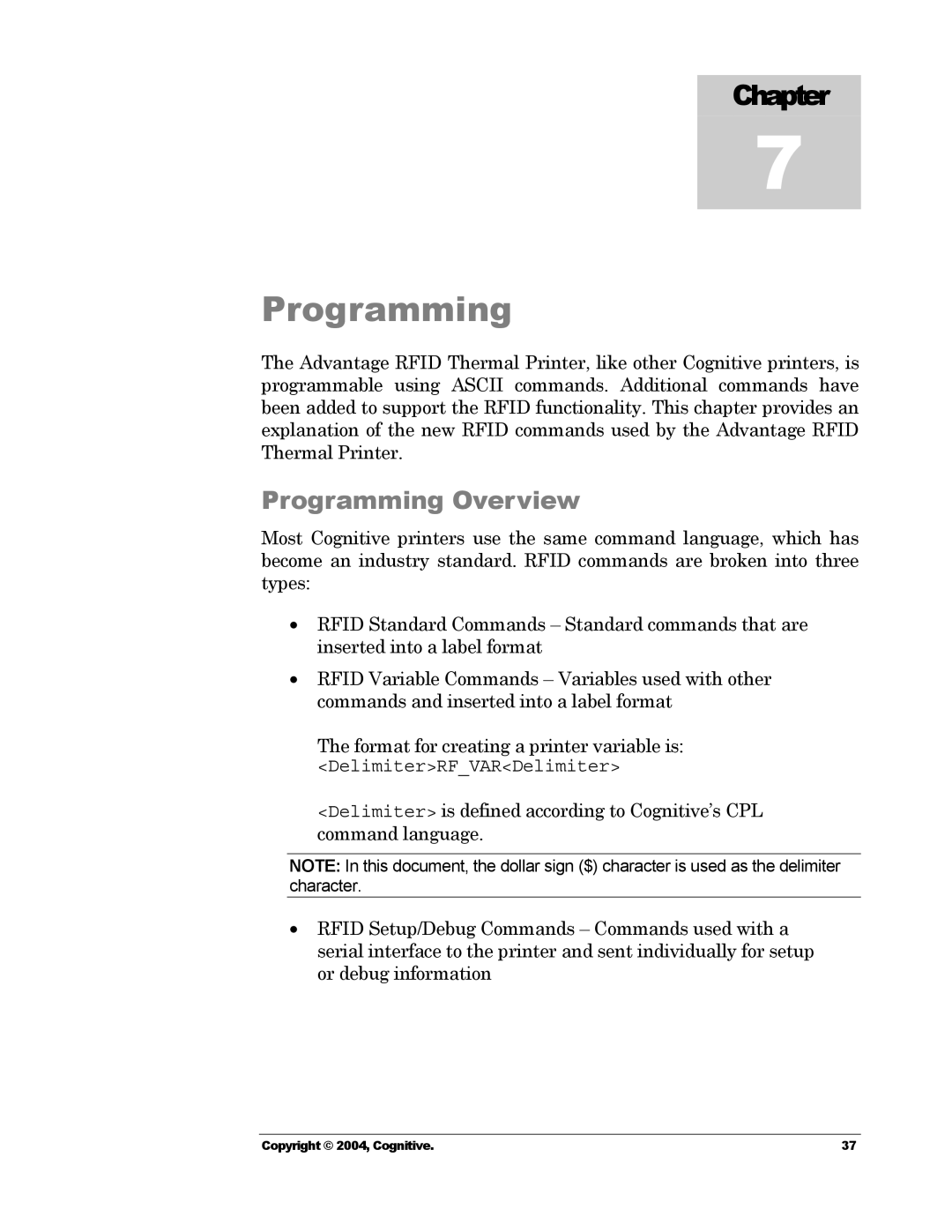 Cognitive Solutions Advantage RFID Thermal Printer manual Programming Overview 