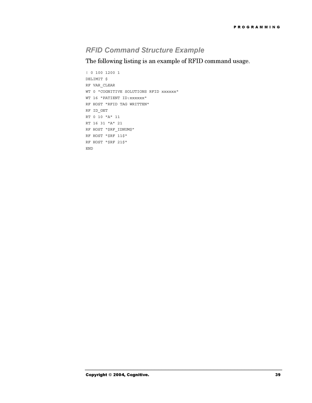 Cognitive Solutions Advantage RFID Thermal Printer manual Rfid Command Structure Example 