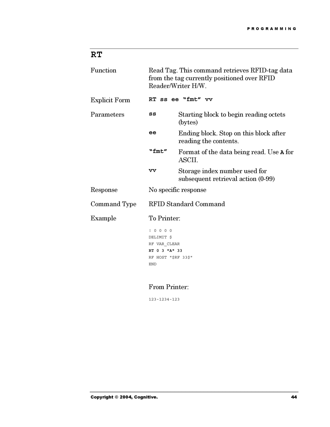 Cognitive Solutions Advantage RFID Thermal Printer manual RT ss ee fmt, Fmt 