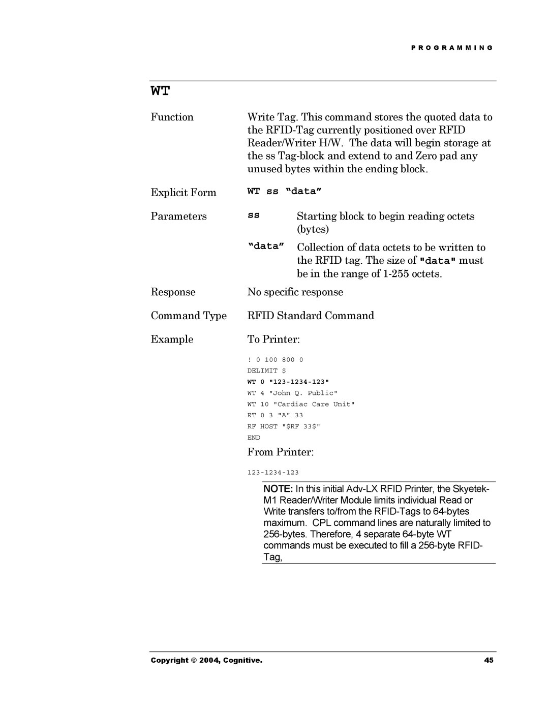 Cognitive Solutions Advantage RFID Thermal Printer manual WT ss data 