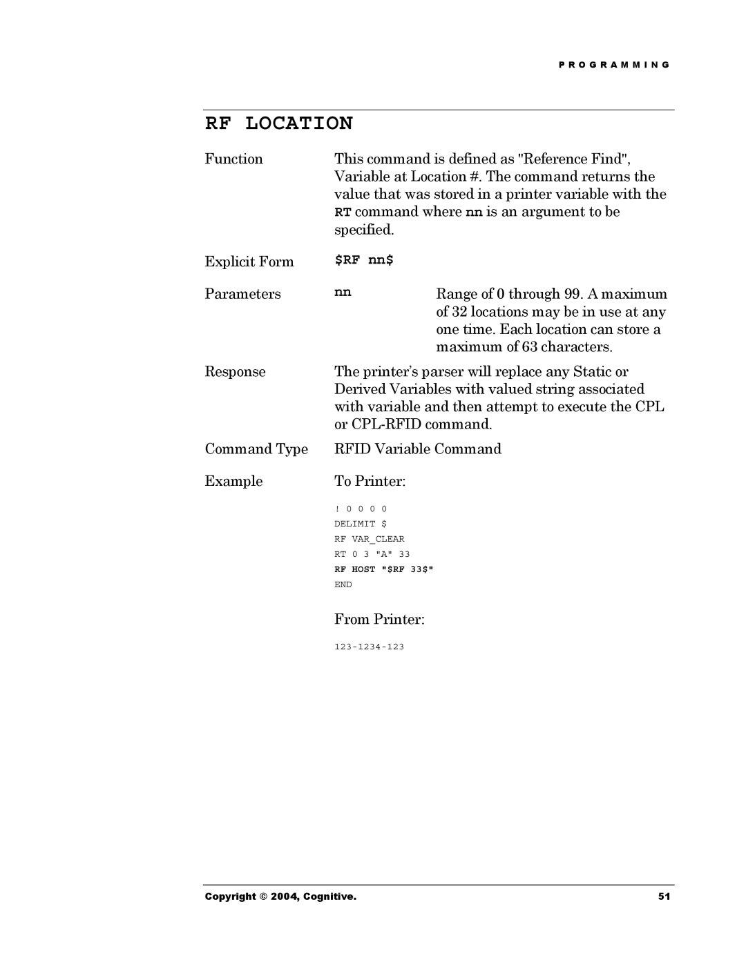 Cognitive Solutions Advantage RFID Thermal Printer manual RF Location, $RF nn$ 