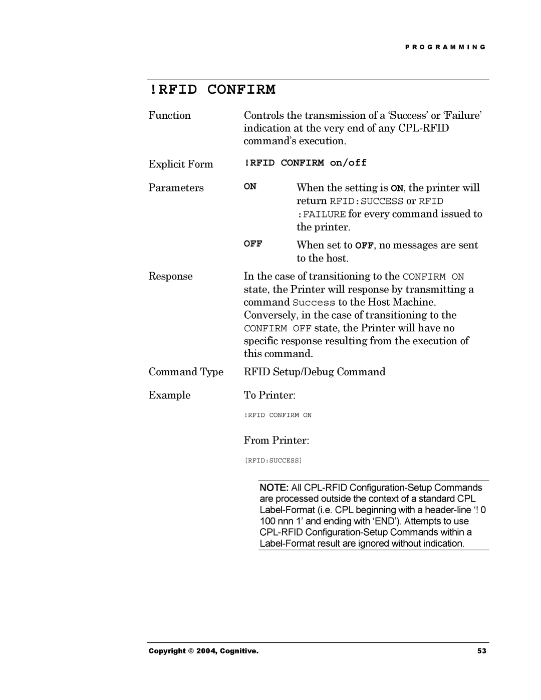 Cognitive Solutions Advantage RFID Thermal Printer manual Rfid Confirm on/off, Off 