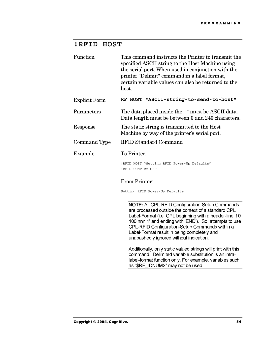 Cognitive Solutions Advantage RFID Thermal Printer manual Rfid Host 