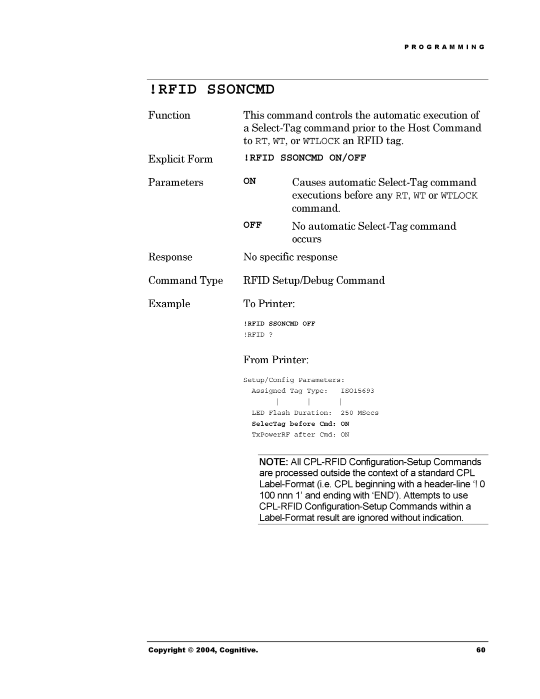 Cognitive Solutions Advantage RFID Thermal Printer manual Rfid Ssoncmd ON/OFF 