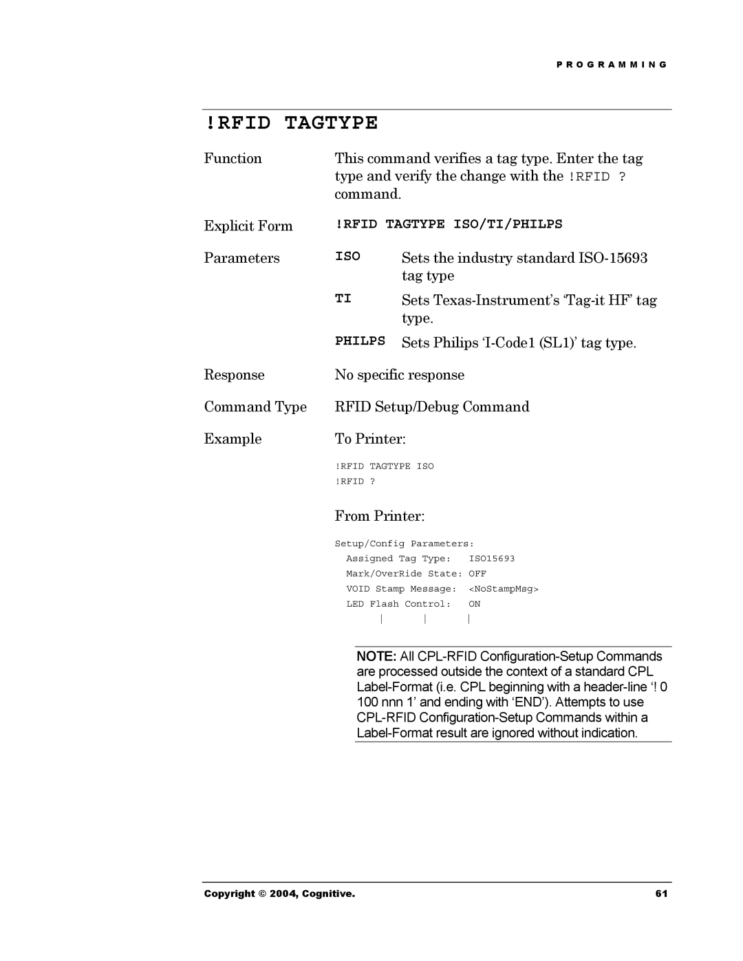 Cognitive Solutions Advantage RFID Thermal Printer manual Rfid Tagtype ISO/TI/PHILPS, Iso, Philps 