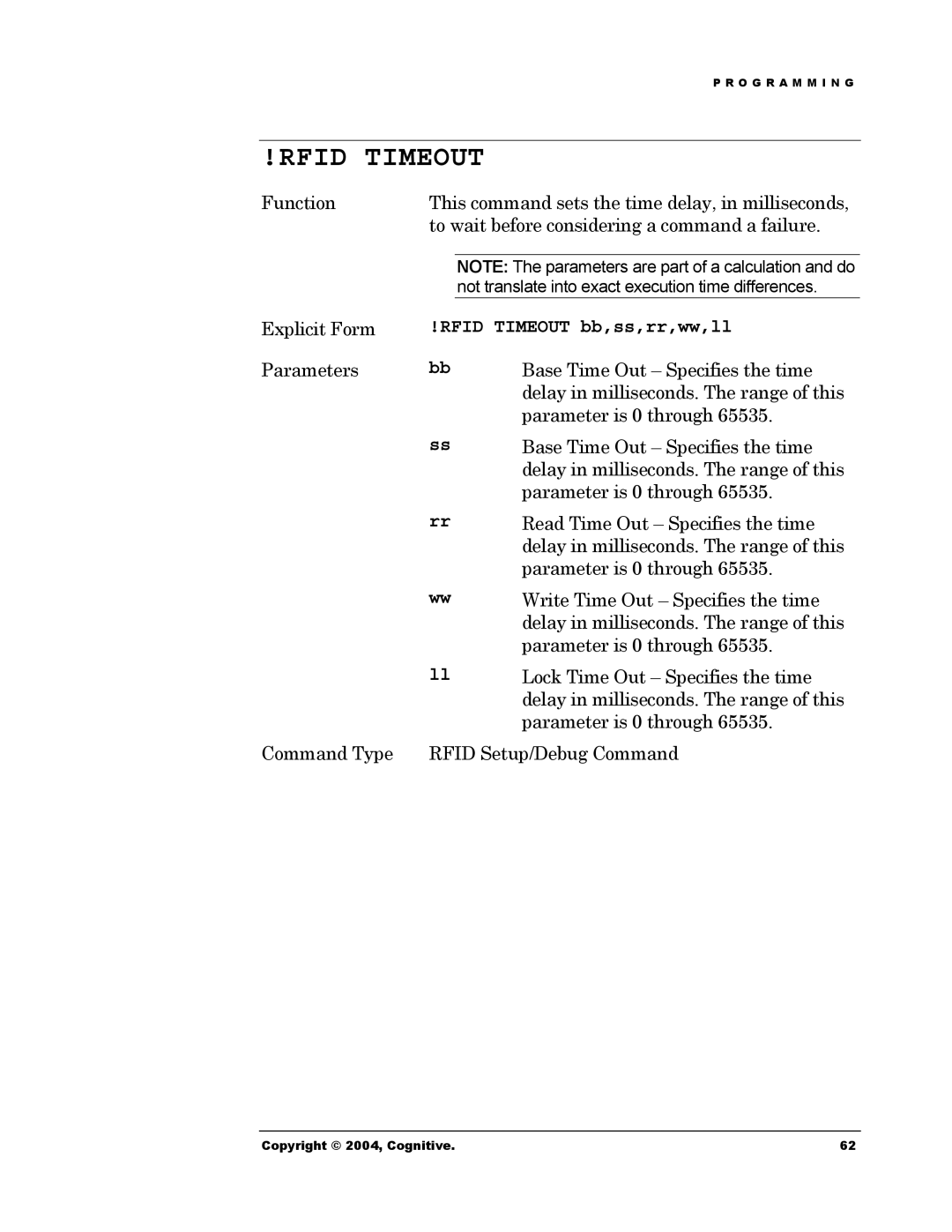 Cognitive Solutions Advantage RFID Thermal Printer manual Rfid Timeout bb,ss,rr,ww,ll 