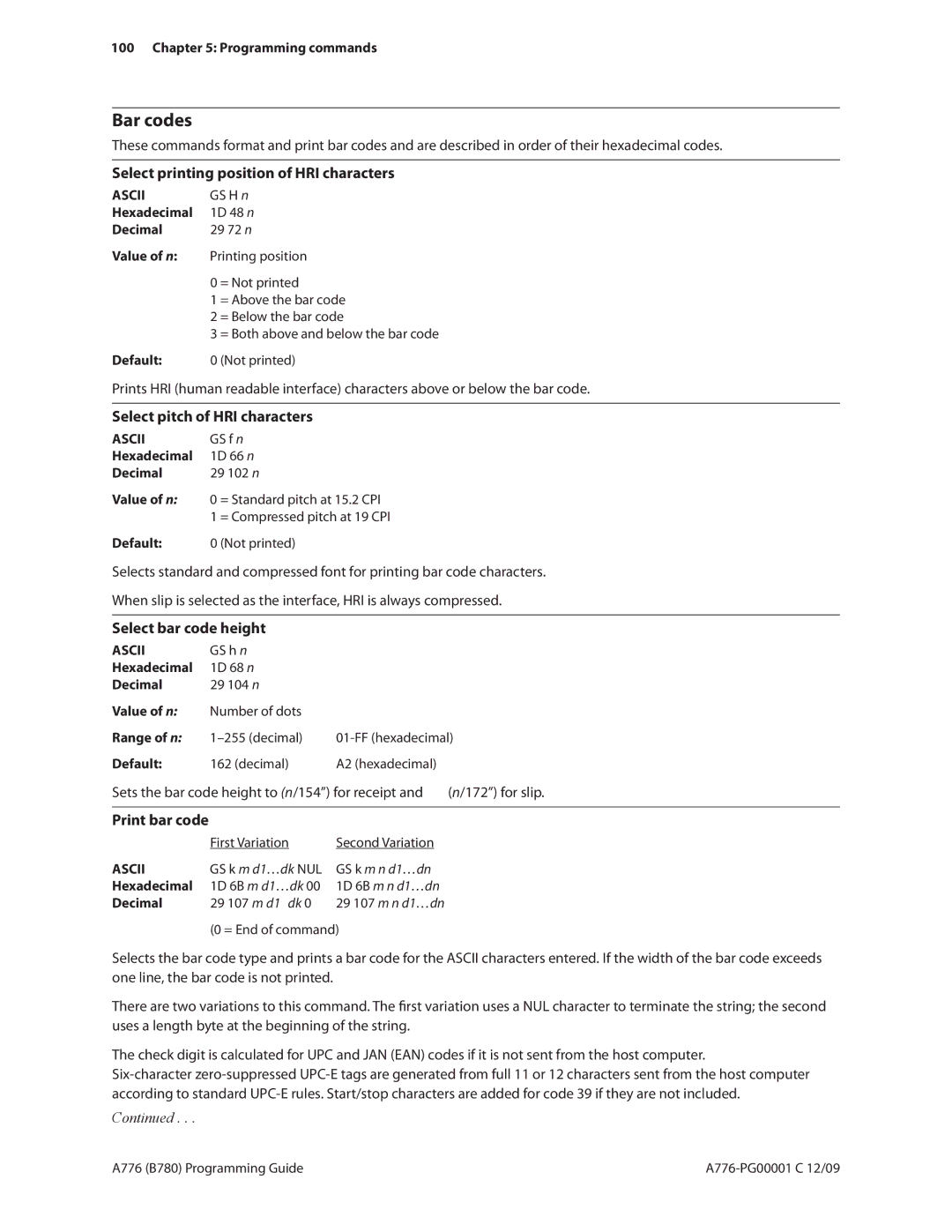 Cognitive Solutions B780, A776 Select printing position of HRI characters, Select pitch of HRI characters, Print bar code 