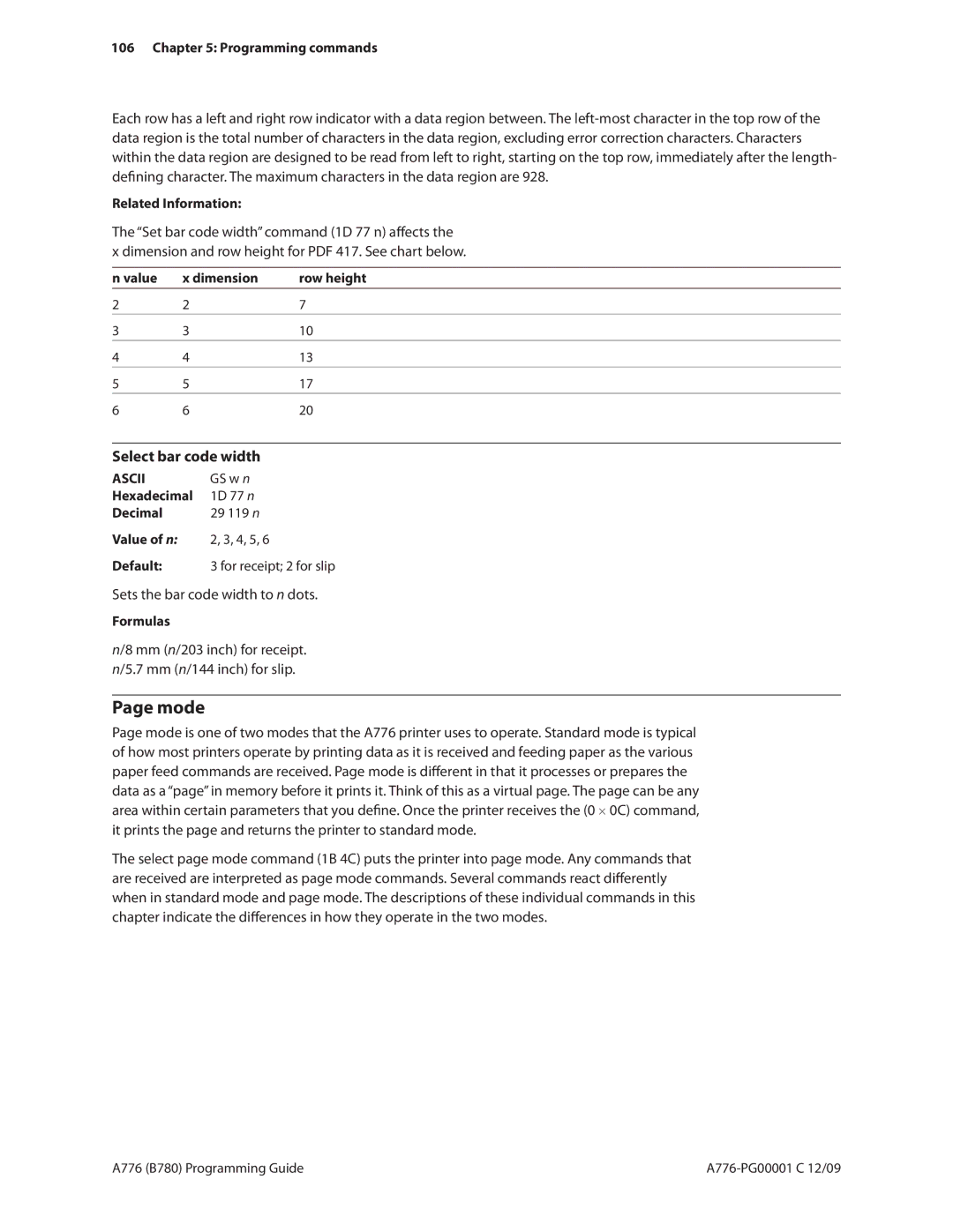 Cognitive Solutions B780, A776 manual Select bar code width, Sets the bar code width to n dots 