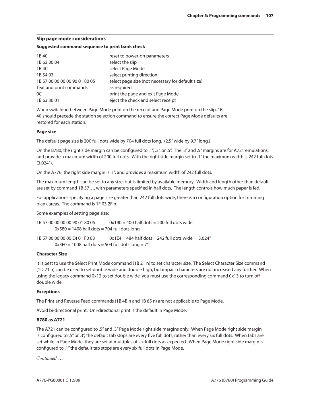 Cognitive Solutions A776 manual Reset to power-on parameters, Character Size, Exceptions, B780 as A721 