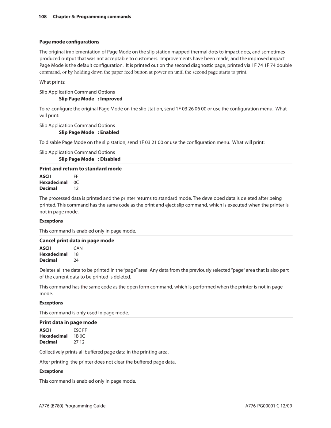 Cognitive Solutions B780 Mode configurations, Slip Page Mode Improved, Slip Page Mode Enabled, Print data in page mode 