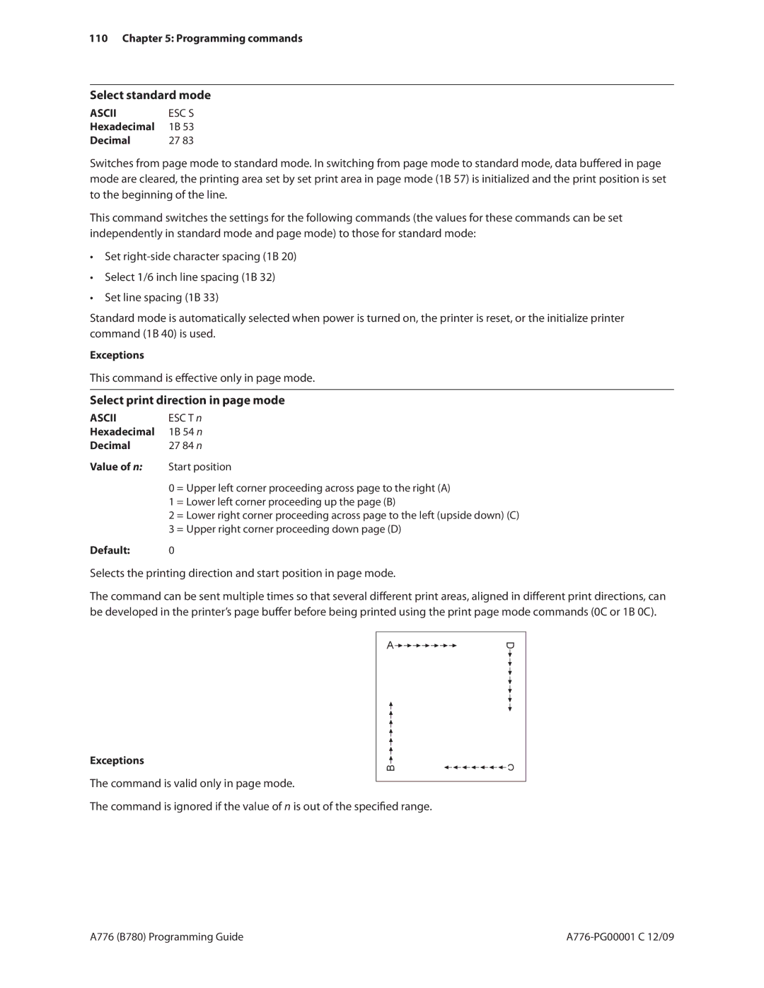 Cognitive Solutions B780, A776 manual Select standard mode, This command is effective only in page mode 