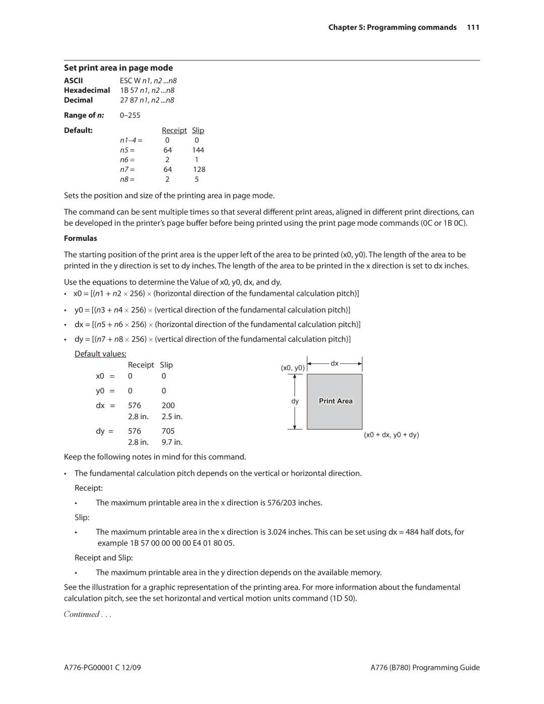 Cognitive Solutions A776, B780 manual Set print area in page mode, Programming commands 111 