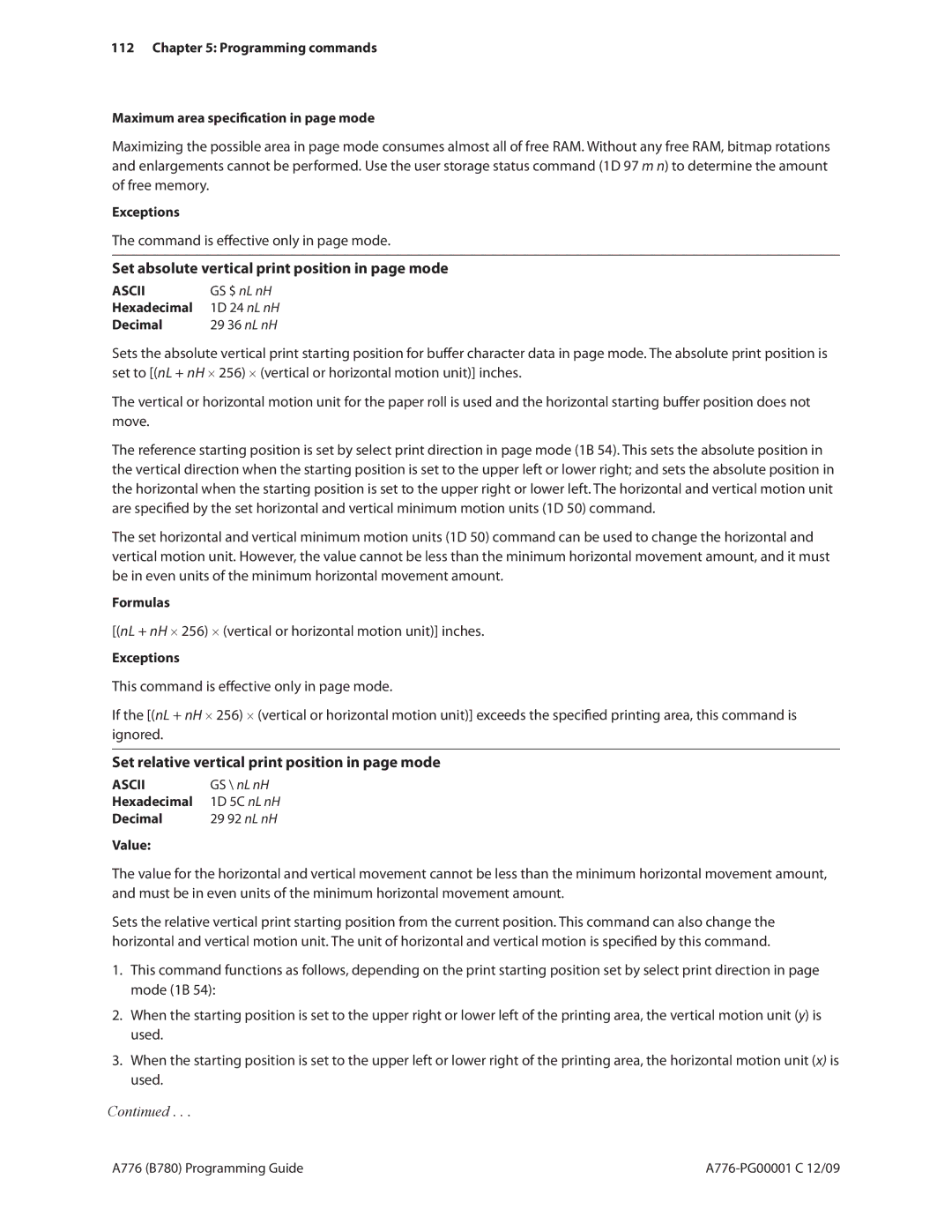 Cognitive Solutions B780, A776 Command is effective only in page mode, Set absolute vertical print position in page mode 