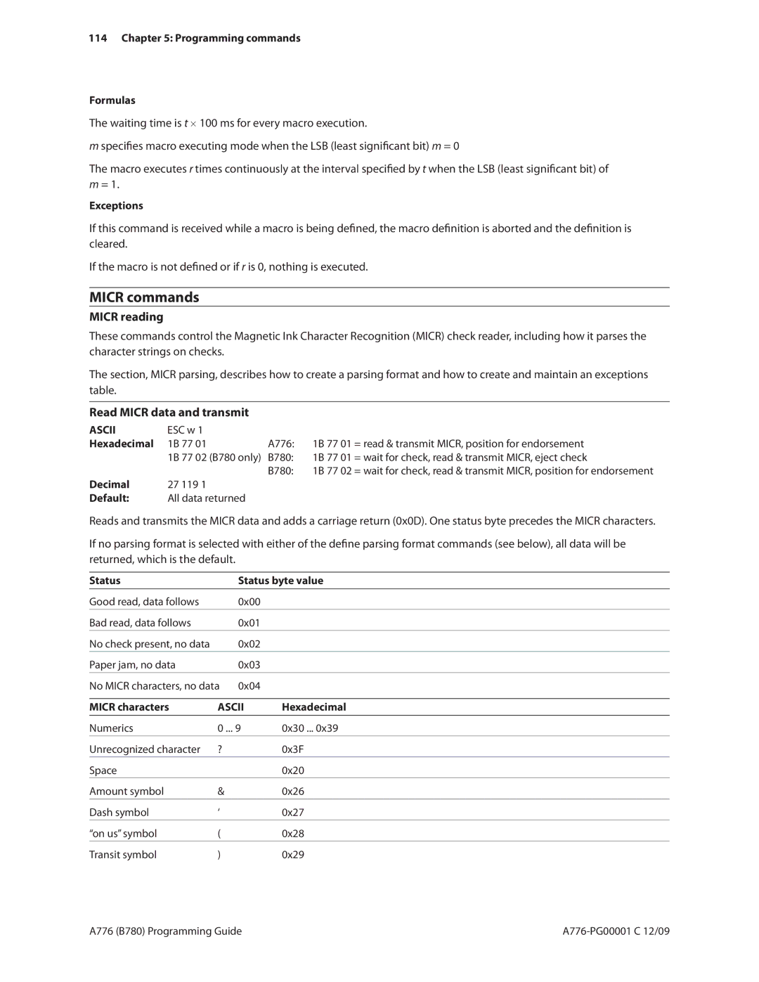 Cognitive Solutions B780, A776 Micr commands, Read Micr data and transmit, Programming commands Formulas, Micr characters 