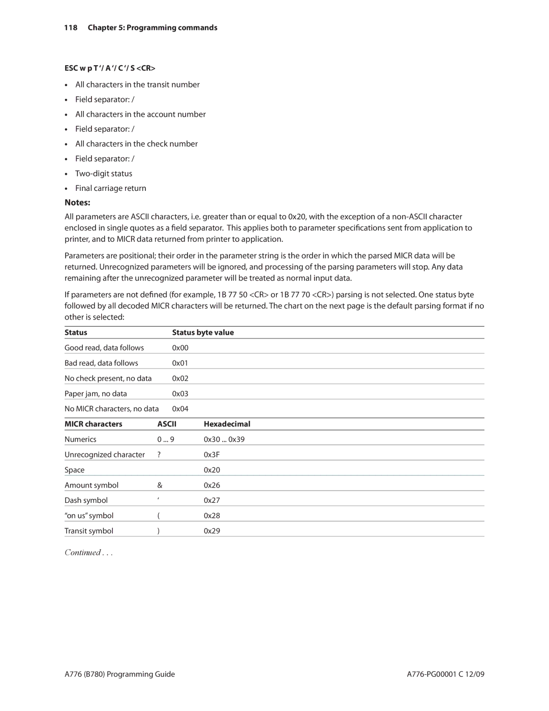 Cognitive Solutions B780, A776 manual Programming commands ESC w p T ‘/ a ‘/ C ‘/ S CR, Status Status byte value 